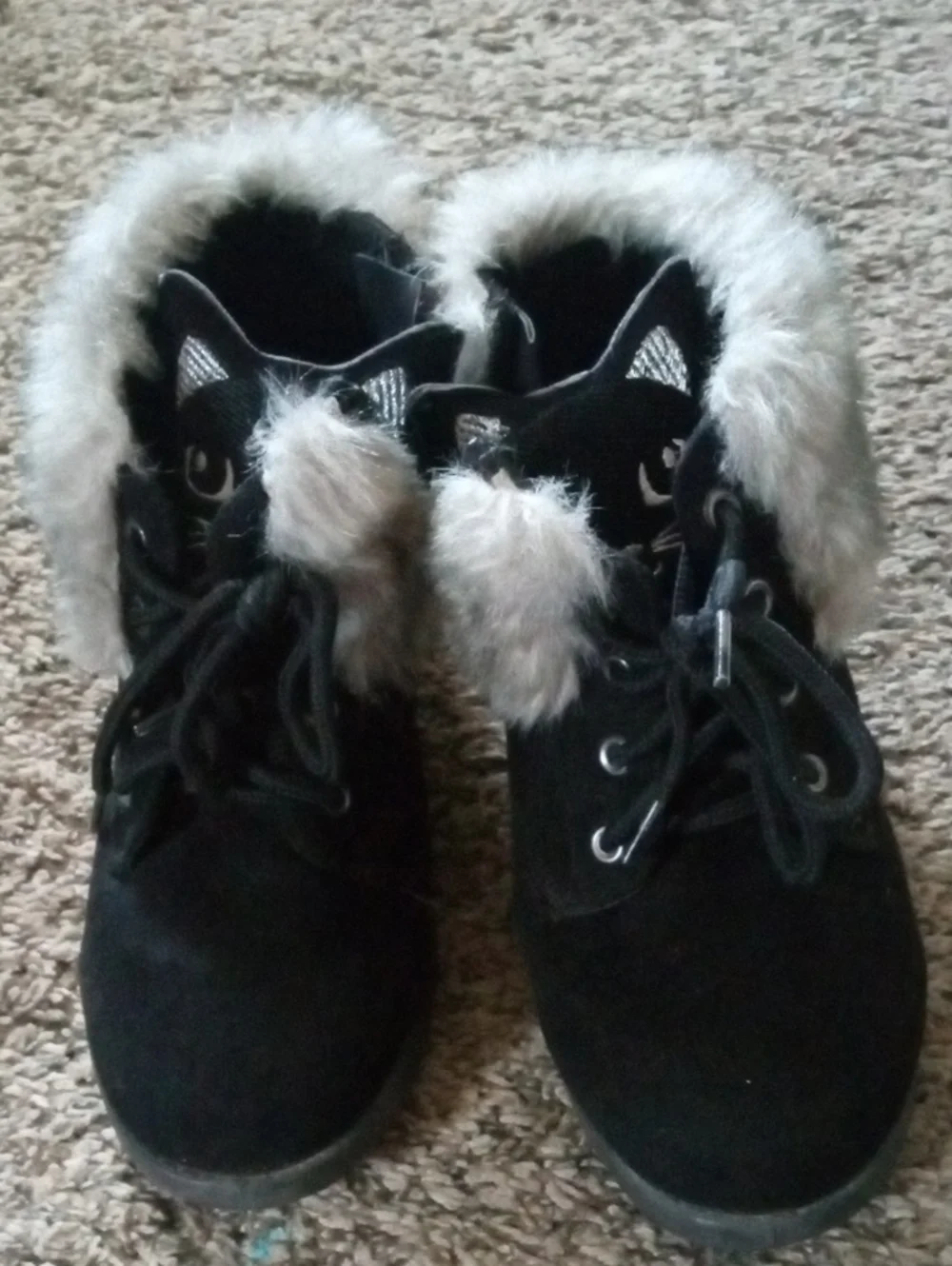 Girl's Black Faux-Fur Trim Winter Ankle Boots